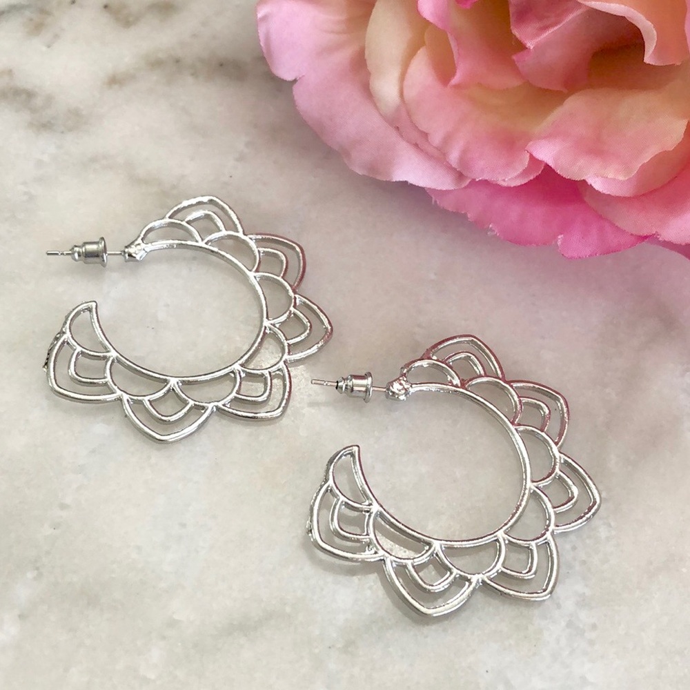 Open Flower Silver Plated Hoop Earrings